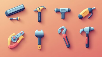 Fototapeta premium High-detail 3D vector cartoon icons of a set of tools: planer, saw, pliers, screwdriver, vise, drill, hammer, and adjustable wrench, bright design