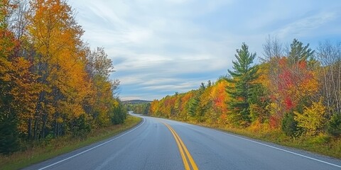 Fototapeta premium A scenic country road lined with colorful autumn trees, inviting viewers to take a drive through the season.