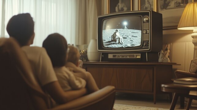 A family watches a retro television screen, displaying the first moon landing.
