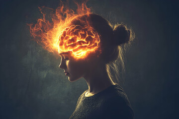 young woman with a burning brain in profile, mental health awareness. 4k image