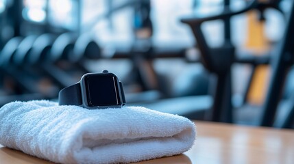 Modern fitness smartwatch resting on a folded towel in a gym environment, symbolizing health, wellness, and workout motivation in a vibrant facility.