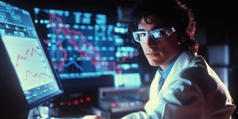 A scientist working with high-tech lab equipment, with digital graphs and DNA visuals in the background.