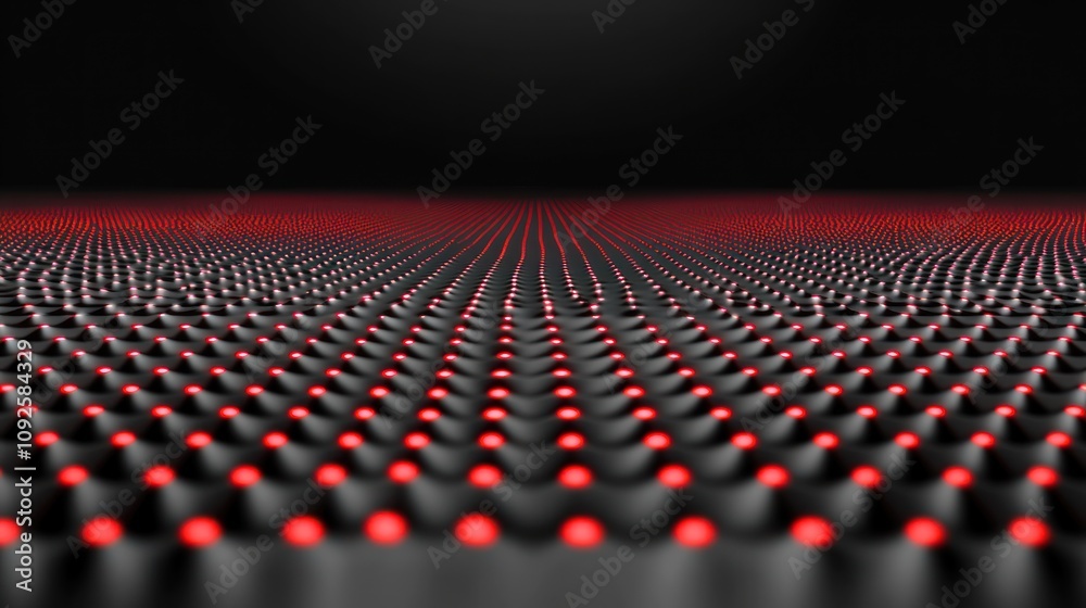 Poster A digital representation of a grid of particles with red highlights on a dark background.