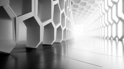 Hexagonal patterns create a mesmerizing architectural pathway, inviting exploration into a world of light and shadow