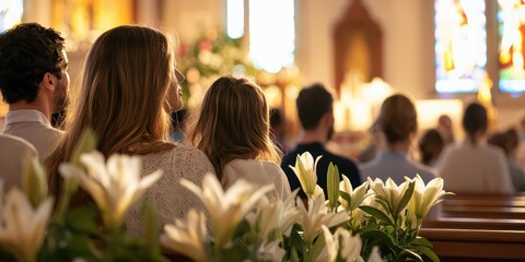A serene church scene on Easter Sunday, with families gathered for a service and an altar decorated with lilies.