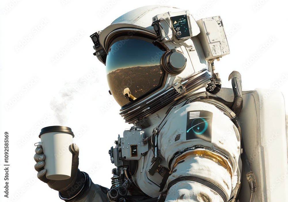 Poster an astronaut holds a steaming coffee cup in a space-like environment.