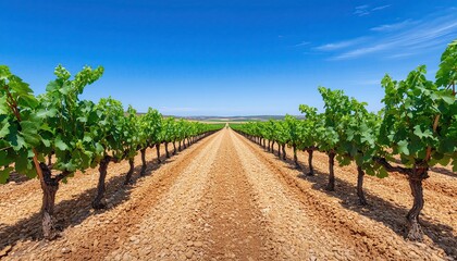 A picturesque vineyard under a clear blue sky, showcasing rows of lush green grapevines stretching into the distance.