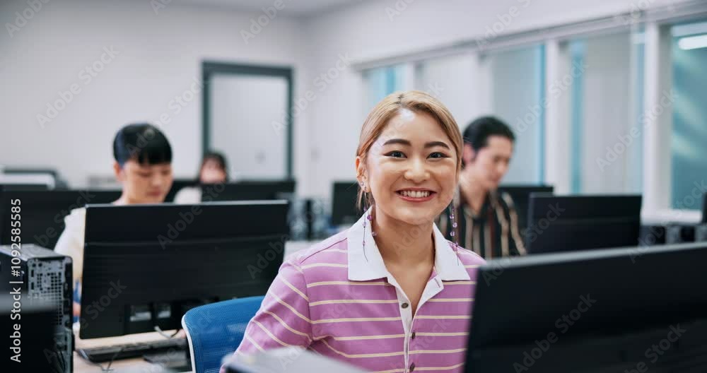 Poster japanese woman, face and computer science in lab for lesson, education and learning for degree. grou