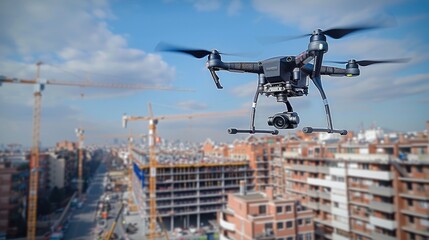 A drone flying above a construction site, The drone is equipped with a camera, showcasing its role in modern construction and surveying. In the background, cranes and scaffolding at building projects.