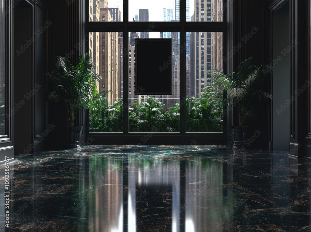 Poster a modern lobby with large windows showcasing greenery and a polished floor.