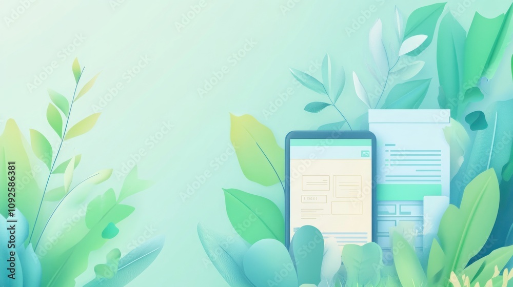 Poster a digital device amidst lush greenery, symbolizing nature and technology integration.
