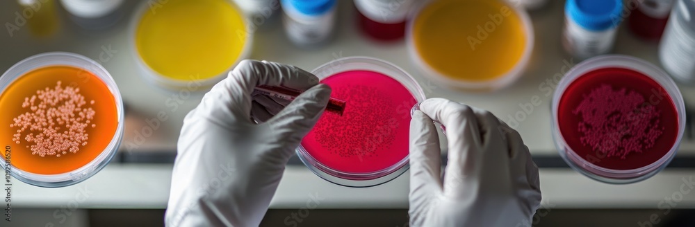 Aufkleber a scientist conducting experiments with colorful petri dishes in a laboratory setting.