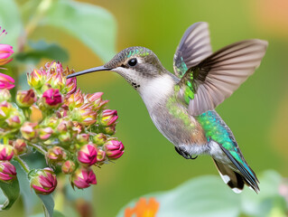 Fototapeta premium Hummingbird feeding on bright pink buds in a lush green garden.