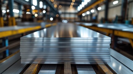 Aluminum Plate at factory, Sheets of metal in a stack, warehouse.