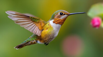 Fototapeta premium Captivating image of a delicate hummingbird poised in mid-flight against a clean white background,showcasing its vibrant colors,intricate feather details,and graceful movements.
