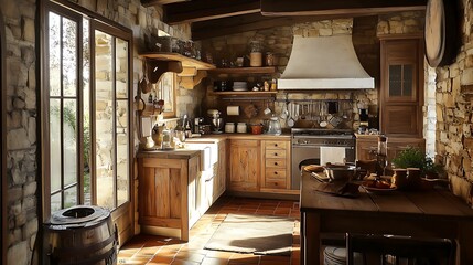 Rustic Country Kitchen with Stone Walls and Wooden Cabinets