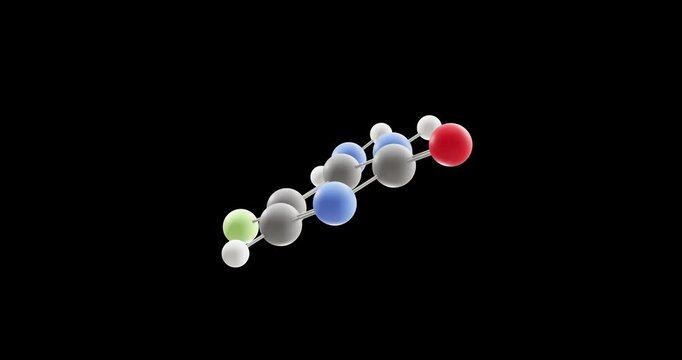 Flucytosine molecule, rotating 3D model of antifungal medication, looped video on a black background