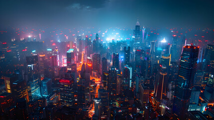Obraz premium Vibrant Metropolis Night: A Stunning Aerial View of Illuminated Skyscrapers and City Lights at Night