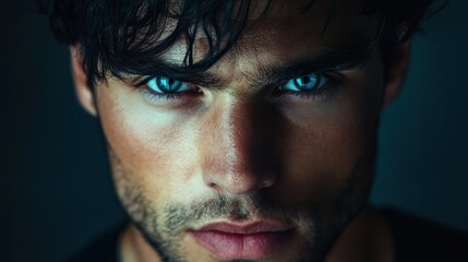Fototapeta premium Intense portrait of a young man with striking blue eyes.
