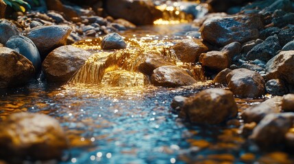 Tranquil stream with glimmering water and rocks.