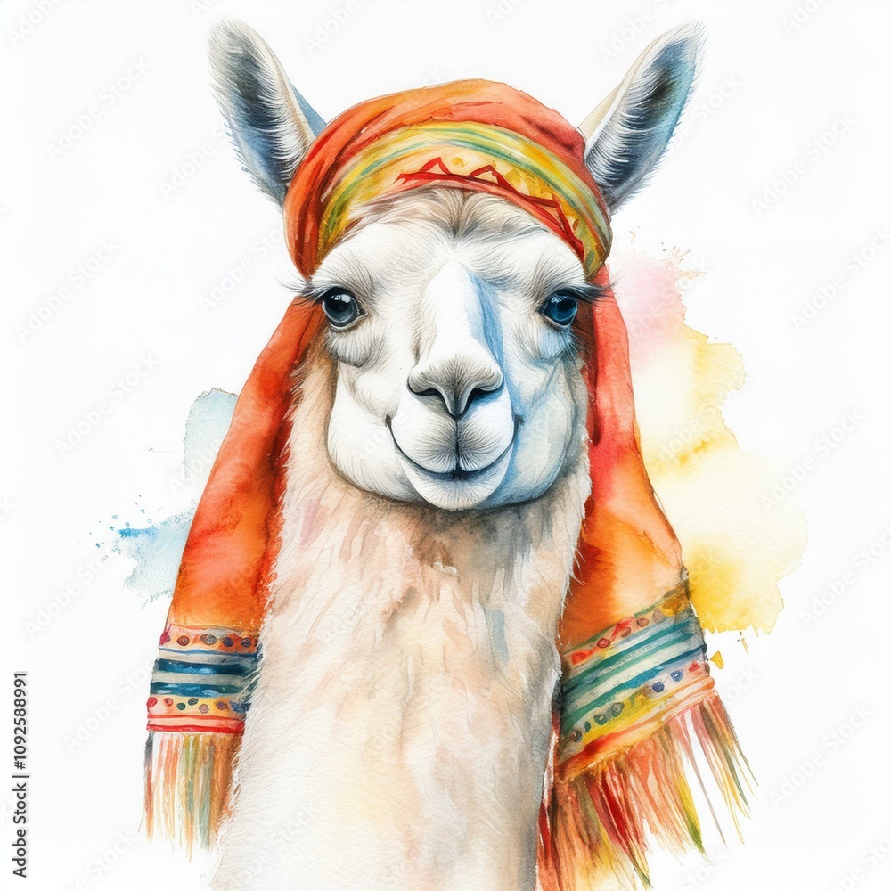 Wall mural illustration of a lama with headscarf on painted watercolor drawing isolated on white background