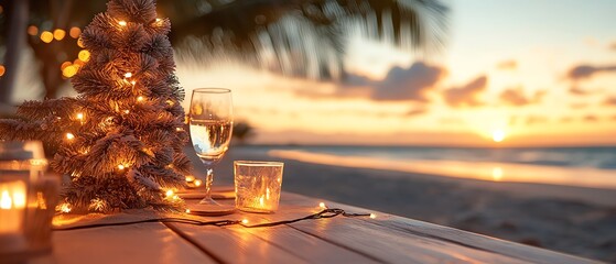 A beachside holiday party with a decorated tree in the sand