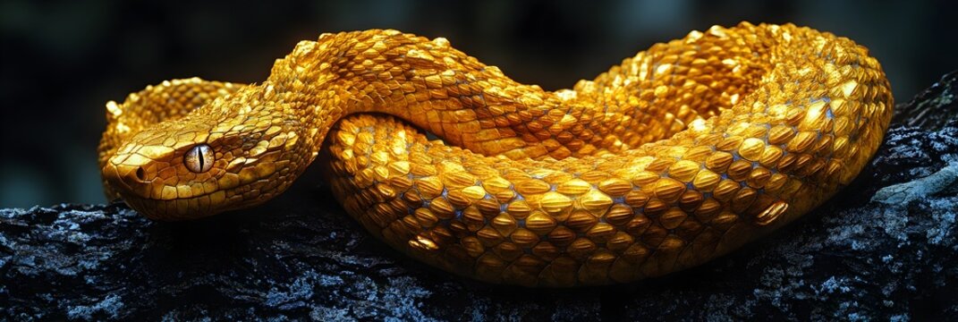 Close-up detailed view of a venomous golden-colored snake,possibly a viper or python species,coiled tightly on a dark tree branch in the shadows of the forest.