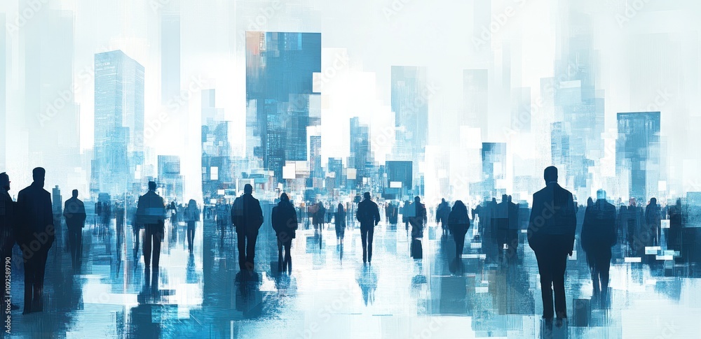 Aufkleber silhouetted figures in a futuristic urban landscape with abstract architecture.