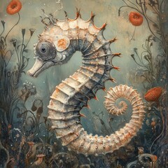 A whimsical underwater scene featuring a beautifully detailed seahorse surrounded by marine flora and soft hues.
