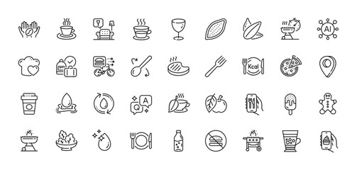 Restaurant app, Ice cream and Food delivery line icons pack. AI, Question and Answer, Map pin icons. Calories, Mint tea, Grill web icon. Salad, Coffee, Gingerbread man pictogram. Vector