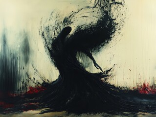An abstract representation of a dark figure in motion, conveying emotion and mystery through swirling brush strokes and bold colors.