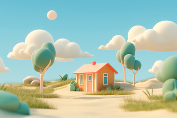 Whimsical landscape with cute house and fluffy cartoon clouds