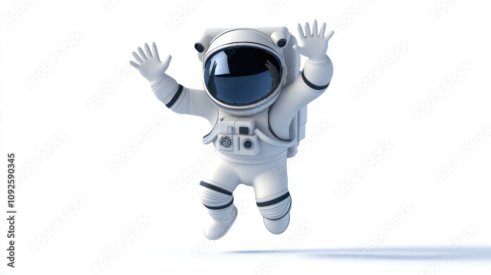 Poster a 3d illustration of a cheerful astronaut floating in space.
