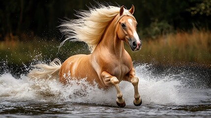Obraz premium Stunning Palomino Horse Galloping Through Water