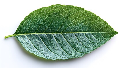 Obraz premium Close-up Detailed View of Vibrant Green Fresh Leaf with Visible Veins and Textures on Plain White Background. Concept of Nature,Botany,and Ecological Environment.
