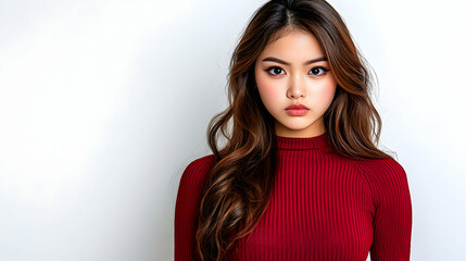 Fototapeta premium Portrait of a Young Woman with Long Brown Hair Wearing a Red Sweater Against a White Background