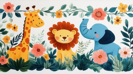 Playful jungle animals like monkeys, sloths, and crocodiles in a vibrant floral setting. Fun and cheerful vector illustration