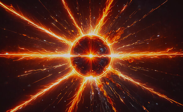 Bright orange circle with a black center. The circle is surrounded by a bright orange light