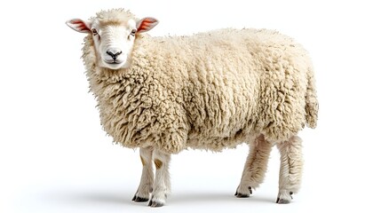 Closeup of a fluffy,white sheep isolated on a pristine white background. This image showcases the soft,wooly texture and purity of this adorable farm animal in a minimalist,serene setting.