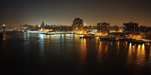 Obraz premium A stunning nighttime view of New York City, with illuminated buildings, bright lights, and bustling activity.