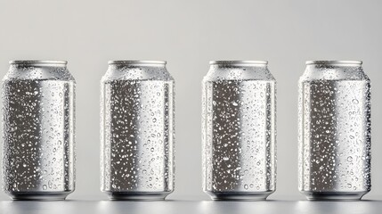 Four silver aluminum cans with condensation.