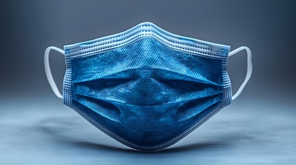 Close-up of a disposable blue medical face mask designed for respiratory protection and infection prevention during the COVID-19 pandemic or other viral outbreaks.