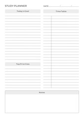 Study Planning Page Planner Sheet Design Template for Organizing Study Sessions, Goals, Timelines, Assignments, Exams, and Progress Tracking for Effective Learning and Academic Success