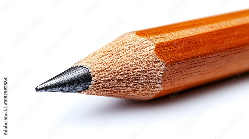 Poster Closeup of a sharpened wooden pencil with a sharp point on a plain white background,representing the tools and materials of creative expression,innovation,and education.