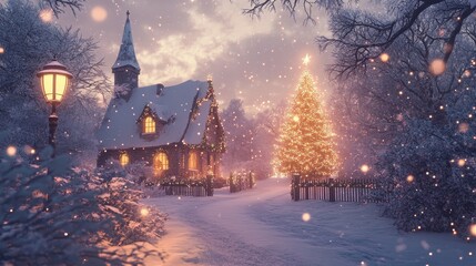 An Enchanting Winter Village Scene featuring SnowCovered Houses set against a Serene,