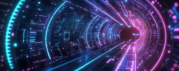 Fototapeta premium Futuristic digital tunnel, glowing neon lines, abstract technology background.
