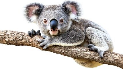 Obraz premium Closeup of a sleepy,gray-furred koala bear resting on a eucalyptus tree branch in a lush,green Australian forest environment. The koala appears calm and peaceful.