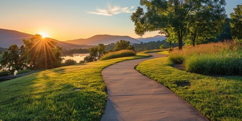 Fototapeta premium A peaceful walking trail winding through a landscape park, illuminated by the soft glow of sunrise, with a clear view of a distant mountain and lake. 