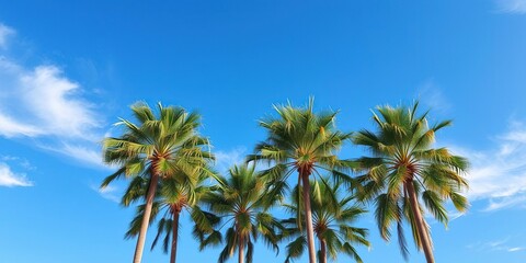 palm trees against bright blue sky with a few wispy clouds, vibrant colors, serene landscape