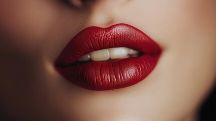 Obraz premium A captivating close-up of matte red lips softly lit, showcasing rich color and velvety texture with a delicate balance of light and shadow